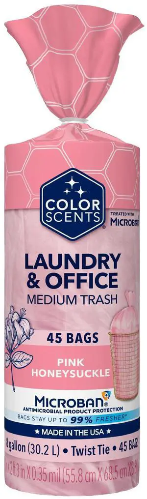 Medium Trash Bags - 8 Gallon, 45 Bags (1 Pack of 45 Bags) Twist Tie - Pink in Pink Honeysuckle Scent with Microban Medium Trash Bags - 8 Gallon, 45 Bags (1 Pack of 45 Bags) Twist Tie - Pink in Pink Honeysuckle Scent with Microban