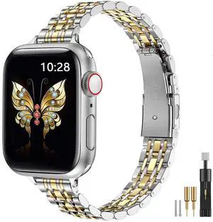 Slim Metal Band Compatible with Apple Watch Band 42mm(Series 11 10) 41mm(Series 9 8 7) 40mm(Series 6 5 4 SE3/2/1) 38mm(Series 3 2 1),Stainless Steel iWatch Bands for Women,Silver/Gold Slim Metal Band Compatible with Apple Watch Band 42mm(Series 11 10) 41mm(Series 9 8 7) 40mm(Series 6 5 4 SE3/2/1) 38mm(Series 3 2 1),Stainless Steel iWatch Bands for Women,Silver/Gold
