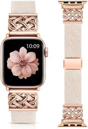 Magnetic Stretchy Band Compatible with Apple Watch Bands 38/40/41/42mm Women Men, Celtic Knot Soft Elastic Nylon Strap for iWatch Series 11 10 9 8 7 6 5 4 SE/Ultra 3 2 1, Starlight/Rose Gold Magnetic Stretchy Band Compatible with Apple Watch Bands 38/40/41/42mm Women Men, Celtic Knot Soft Elastic Nylon Strap for iWatch Series 11 10 9 8 7 6 5 4 SE/Ultra 3 2 1, Starlight/Rose Gold