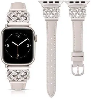 Compatible with Apple Watch Bands Women 38/40/41/42mm Dressy Slim Leather Strap with Designer Celtic Knot Interlock Buckle Bracelet for iWatch Series 11 10 9 8 7 6 5 4 SE 3 2 1, Starlight Compatible with Apple Watch Bands Women 38/40/41/42mm Dressy Slim Leather Strap with Designer Celtic Knot Interlock Buckle Bracelet for iWatch Series 11 10 9 8 7 6 5 4 SE 3 2 1, Starlight