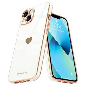 Compatible with iPhone 13 Case for Women Girl Cute Love-Heart Luxury Bling Plating Soft Back Cover Raised Full Camera Protection Bumper Silicone Shockproof Phone Case for iPhone 13, White Compatible with iPhone 13 Case for Women Girl Cute Love-Heart Luxury Bling Plating Soft Back Cover Raised Full Camera Protection Bumper Silicone Shockproof Phone Case for iPhone 13, White