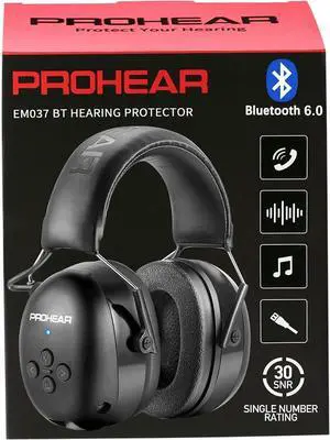 037 Bluetooth 6.0 Hearing Protection Headphones with Rechargeable 1500mAh Battery, 30dB SNR Safety Noise Reduction Ear Muffs 120H Playtime for Mowing, Workshops, Snowblowing - Black 037 Bluetooth 6.0 Hearing Protection Headphones with Rechargeable 1500mAh Battery, 30dB SNR Safety Noise Reduction Ear Muffs 120H Playtime for Mowing, Workshops, Snowblowing - Black
