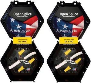 Open Splice Junction Box 2-Pack | UL 514C | One-Piece Polycarbonate Box, Code-Approved, Durable DIY Electrical Splice Enclosure in Black | Fast Installation for Safe Wiring Connections Open Splice Junction Box 2-Pack | UL 514C | One-Piece Polycarbonate Box, Code-Approved, Durable DIY Electrical Splice Enclosure in Black | Fast Installation for Safe Wiring Connections