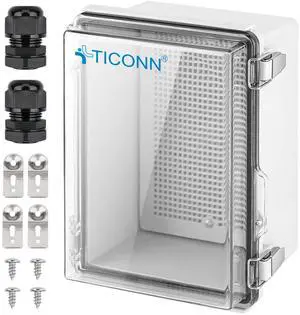 Outdoor Electrical Box Waterproof, Junction Box IP67 ABS Plastic Enclosure with Hinged Cover with Mounting Plate, Wall Brackets, Cable Glands (Clear, 8.7"x6.7"x4.3") Outdoor Electrical Box Waterproof, Junction Box IP67 ABS Plastic Enclosure with Hinged Cover with Mounting Plate, Wall Brackets, Cable Glands (Clear, 8.7"x6.7"x4.3")