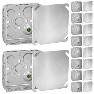 4x4 Electrical Junction Boxes with Blank Covers (10-Pack) 1-1/2 Inch Deep, 21 Cu. in. 4 Inch, Heavy-Duty Metal Outlet Boxes, Bulk Pack Steel Box Duplex Receptacle & Black Cover, UL Listed 4x4 Electrical Junction Boxes with Blank Covers (10-Pack) 1-1/2 Inch Deep, 21 Cu. in. 4 Inch, Heavy-Duty Metal Outlet Boxes, Bulk Pack Steel Box Duplex Receptacle & Black Cover, UL Listed