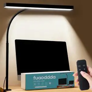 LED Desk Lamp with clamp, Remote Control Desk Lamp, 5 Color Modes & 10 Brightness Levels, 17'' Wide Light Bar, Eye Caring Gooseneck Desk Light, Adapter Included LED Desk Lamp with clamp, Remote Control Desk Lamp, 5 Color Modes & 10 Brightness Levels, 17'' Wide Light Bar, Eye Caring Gooseneck Desk Light, Adapter Included