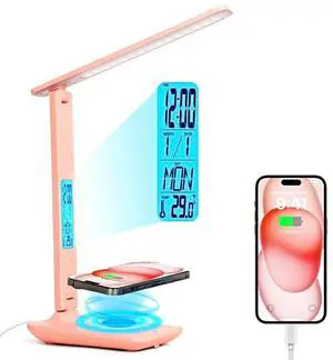 Multifunctional LED Desk Lamp with Wireless Charger,USB Charging Port,Clock,Phone Holder,Desk Lamps for Home Office,Eye-Caring Reading Lamp,Study Lamp for Boys,Girls,Teens,Pink Multifunctional LED Desk Lamp with Wireless Charger,USB Charging Port,Clock,Phone Holder,Desk Lamps for Home Office,Eye-Caring Reading Lamp,Study Lamp for Boys,Girls,Teens,Pink