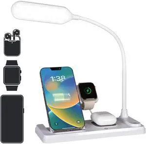 LED Desk Lamp with Multi-Device Wireless Charging Station, White LED Desk Lamp with Multi-Device Wireless Charging Station, White