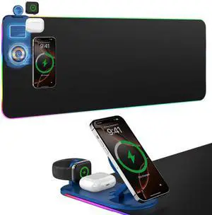Wireless Charging RGB Gaming Mouse Pad with Foldable Phone Holder, 3 in 1 Magnetic Charging Station, Large Desk Mat, Waterproof Surface, Non-Slip Rubber Base for Gaming and Home Office Wireless Charging RGB Gaming Mouse Pad with Foldable Phone Holder, 3 in 1 Magnetic Charging Station, Large Desk Mat, Waterproof Surface, Non-Slip Rubber Base for Gaming and Home Office