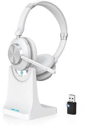Wireless Headset with Mic for Work, Bluetooth Headphone with Microphone, AI Noise Canceling Mic & Mute, Wireless Headset with USB Dongle & Charging Dock for PC/Cell Phones/Call Center/Teams Wireless Headset with Mic for Work, Bluetooth Headphone with Microphone, AI Noise Canceling Mic & Mute, Wireless Headset with USB Dongle & Charging Dock for PC/Cell Phones/Call Center/Teams