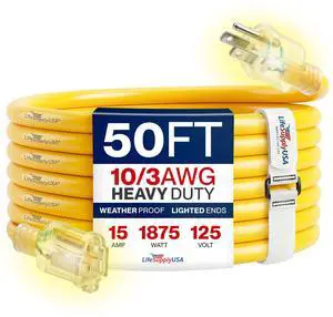 50ft Outdoor/Indoor Extension Cord 10/3 Gauge Ultra Heavy Duty 3 Prong SJTW, Waterproof, Flexible Cold-Resistant Long Power Cord,15A 125V 1875W, Yellow 50ft Outdoor/Indoor Extension Cord 10/3 Gauge Ultra Heavy Duty 3 Prong SJTW, Waterproof, Flexible Cold-Resistant Long Power Cord,15A 125V 1875W, Yellow