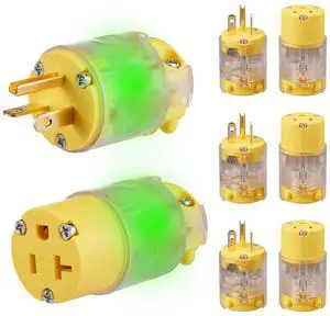 Lighted Extension Cord Replacement Ends 4 Set, 20 Amp 125 Volt NEMA 5-20 Heavy Duty Plug and Connector Set, Industrial Grade 3-Prong Straight Blade Grounding Type, 2P 3W UL Listed Lighted Extension Cord Replacement Ends 4 Set, 20 Amp 125 Volt NEMA 5-20 Heavy Duty Plug and Connector Set, Industrial Grade 3-Prong Straight Blade Grounding Type, 2P 3W UL Listed