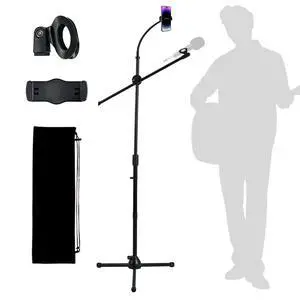 Microphone Floor Stand, Mic Stand Floor with Phone Holder Height Adjustable, Heavy-duty Tripod Stable Stand with Boom Arm Dual Device Mount for Streaming, Podcasting, Recording, and Live Performances Microphone Floor Stand, Mic Stand Floor with Phone Holder Height Adjustable, Heavy-duty Tripod Stable Stand with Boom Arm Dual Device Mount for Streaming, Podcasting, Recording, and Live Performances