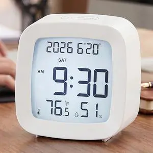 Digital Alarm Clock with Backlight, Snooze, Temp & Humidity Display,White Digital Alarm Clock with Backlight, Snooze, Temp & Humidity Display,White