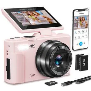 4K Digital Camera for Photography, 64MP HD WiFi Vlogging Camera for YouTube with 3" 180°Flip Screen, 18X Digital Zoom,Autofocus Compact Camera with Flash,32GB TF Card & 2 Batteries(Pink) 4K Digital Camera for Photography, 64MP HD WiFi Vlogging Camera for YouTube with 3" 180°Flip Screen, 18X Digital Zoom,Autofocus Compact Camera with Flash,32GB TF Card & 2 Batteries(Pink)