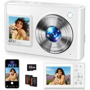 8K Digital Camera, 96MP WiFi Cameras for Photography with Dual Screen, 16X Zoom, Autofocus, Anti-Shake, Compact Travel Vlogging Point Shoot Camera for Teens, Beginners, 2 Batteries, 32GB Card (White) 8K Digital Camera, 96MP WiFi Cameras for Photography with Dual Screen, 16X Zoom, Autofocus, Anti-Shake, Compact Travel Vlogging Point Shoot Camera for Teens, Beginners, 2 Batteries, 32GB Card (White)