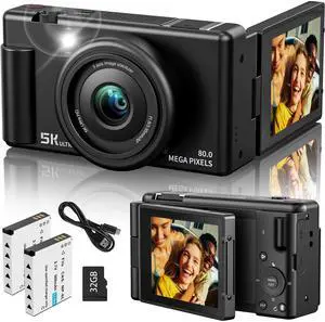 True 5K Digital Camera for Photography, Autofocus 80MP with 18X Digital Zoom 3" 270°Flip Screen Dual-Lens Selfie Camera for YouTube Vlogging & Content Creation, 2 Batteries, 32GB Card & FlashBlack True 5K Digital Camera for Photography, Autofocus 80MP with 18X Digital Zoom 3" 270°Flip Screen Dual-Lens Selfie Camera for YouTube Vlogging & Content Creation, 2 Batteries, 32GB Card & FlashBlack