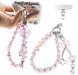 Crystal Beaded Phone Wrist Strap, Cute Cellphone Lanyard Chain, Bow Keychain Wristlet Bag Charms for Women (Pink) Crystal Beaded Phone Wrist Strap, Cute Cellphone Lanyard Chain, Bow Keychain Wristlet Bag Charms for Women (Pink)