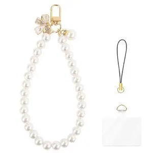 Pearl Phone Charm for Women, White Butterfly Bow Beaded Smartphone Bracelet Wrist Strap, Handmade Chain for iPhone, 1pc Pearl Phone Charm for Women, White Butterfly Bow Beaded Smartphone Bracelet Wrist Strap, Handmade Chain for iPhone, 1pc