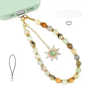 Natural Stone Charm Phone Golden Sun Beaded Wrist Strap for Women Natural Stone Charm Phone Golden Sun Beaded Wrist Strap for Women