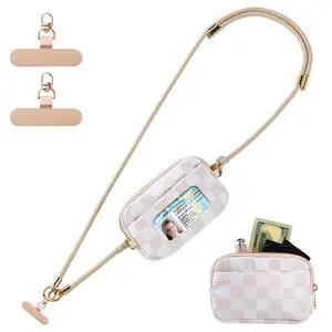 Clip and Go Strap For Phone with Wallet Crossbody, Adjustable Anti-Theft Phone Lanyard with Slim Detachable RFID Wristlet Wallet and 2 Phone Tether Tabs, For Daily Life, Beige Checkered Clip and Go Strap For Phone with Wallet Crossbody, Adjustable Anti-Theft Phone Lanyard with Slim Detachable RFID Wristlet Wallet and 2 Phone Tether Tabs, For Daily Life, Beige Checkered