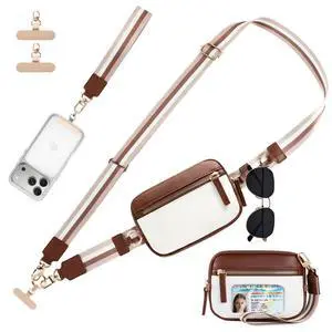 Clip and Go Strap For Phone with Leather Wallet Crossbody, Adjustable Phone Lanyard with Slim Detachable RFID Wristlet Wallet and 2 Phone Wrist Strap, For Daily Life & Travel, Coffee Brown Clip and Go Strap For Phone with Leather Wallet Crossbody, Adjustable Phone Lanyard with Slim Detachable RFID Wristlet Wallet and 2 Phone Wrist Strap, For Daily Life & Travel, Coffee Brown