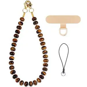 Gemstone Beaded Phone Charm Wrist Strap with Steel Cable Core Stringing, Detachable Phone Bracelet Strap with Metal Tether Tab (Tigers Eye) Gemstone Beaded Phone Charm Wrist Strap with Steel Cable Core Stringing, Detachable Phone Bracelet Strap with Metal Tether Tab (Tigers Eye)