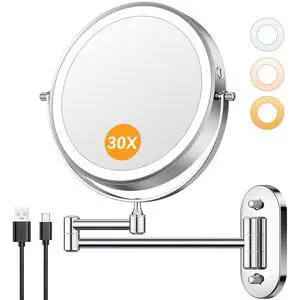1X/30X Wall Mounted Lighted Makeup Mirror, 8" Rechargeable Double-Sided Magnifying Mirror with Light, Touch Dimmable 3 Color Light, 360° Rotation Foldable Extended Arm, Chrome 1X/30X Wall Mounted Lighted Makeup Mirror, 8" Rechargeable Double-Sided Magnifying Mirror with Light, Touch Dimmable 3 Color Light, 360° Rotation Foldable Extended Arm, Chrome