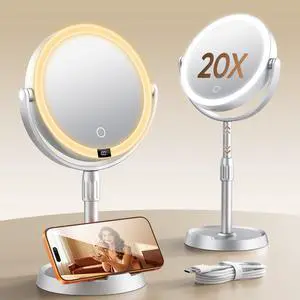 7" ABS Lighted Makeup Mirror with Lights, 1X/20X Magnifying Mirror with Light and Digital Display, 2.6in Height Adjustable, Rechargeable, 3 Color Modes for Makeup & Shaving, Easy to Detach, Women Gift 7" ABS Lighted Makeup Mirror with Lights, 1X/20X Magnifying Mirror with Light and Digital Display, 2.6in Height Adjustable, Rechargeable, 3 Color Modes for Makeup & Shaving, Easy to Detach, Women Gift