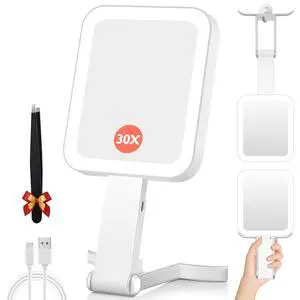Magnifying Travel Mirror with Light, 30X/1X Double-Sided Magnifying Mirror with 3 Color Lights, Brightness Adjustable, Foldable Handheld Makeup Mirrors Portable for Travel and Desktop, White Magnifying Travel Mirror with Light, 30X/1X Double-Sided Magnifying Mirror with 3 Color Lights, Brightness Adjustable, Foldable Handheld Makeup Mirrors Portable for Travel and Desktop, White