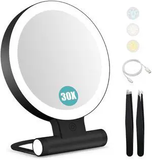 Magnifying Mirror with Light 30X, Double-Sided 1X/ 30X Magnifying Makeup Mirror with Tweezer, 2000mAh 3 Colour Modes with Adjustable Brightness,Foldable Compact Travel Mirror(Black) Magnifying Mirror with Light 30X, Double-Sided 1X/ 30X Magnifying Makeup Mirror with Tweezer, 2000mAh 3 Colour Modes with Adjustable Brightness,Foldable Compact Travel Mirror(Black)