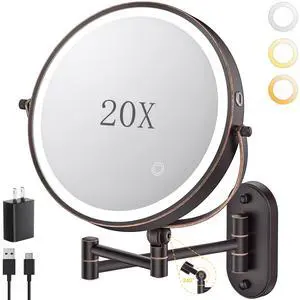 9" Wall Mounted Lighted Makeup Mirror,4000mAh Rechargeable Double Sided 1X/20X Magnifying Mirror with Light,Touch Dimmable,Extended Arm 360 Rotation Wall Mounted Makeup Mirror 3 Color Lights-Bronze 9" Wall Mounted Lighted Makeup Mirror,4000mAh Rechargeable Double Sided 1X/20X Magnifying Mirror with Light,Touch Dimmable,Extended Arm 360 Rotation Wall Mounted Makeup Mirror 3 Color Lights-Bronze