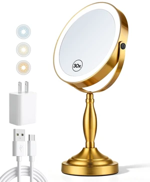 30X/1X Makeup Mirror with Lights, 8" Double Sided Vanity Mirror with Lights | 3 Color Modes & Dimmable, 5000mAh Rechargeable, Side Touch + Side Charging, 360° Rotation Tabletop Mirror, Brushed Gold 30X/1X Makeup Mirror with Lights, 8" Double Sided Vanity Mirror with Lights | 3 Color Modes & Dimmable, 5000mAh Rechargeable, Side Touch + Side Charging, 360° Rotation Tabletop Mirror, Brushed Gold