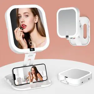 Travel Makeup Mirror with Lights,1X/10X Magnifying Mirror with 3 Color Modes & Stepless Dimming, Foldable & Rechargeable Lighted Mirror with Digital Display, 2 Sided Touch Control Travel Makeup Mirror with Lights,1X/10X Magnifying Mirror with 3 Color Modes & Stepless Dimming, Foldable & Rechargeable Lighted Mirror with Digital Display, 2 Sided Touch Control