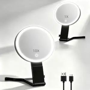 10X/1X Makeup Magnifying Mirror with Lights, 6inch Double-Sided LED Makeup Mirror, Desktop 1X/10X Travel Magnifying Mirror, 3 Color Dimmable Lights, 2000mAh Rechargeable Battery, 3 Ways to Use 10X/1X Makeup Magnifying Mirror with Lights, 6inch Double-Sided LED Makeup Mirror, Desktop 1X/10X Travel Magnifying Mirror, 3 Color Dimmable Lights, 2000mAh Rechargeable Battery, 3 Ways to Use