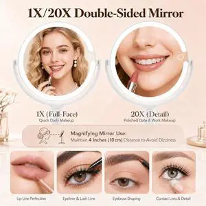 Makeup Mirror with Lights, 20X Magnifying Mirrors, Height Adjustable, Vanity Mirror with Lights Rechargeable 3 Color Modes, Double-Sided Detachable Travel Mirrors, Gift for Women (White) Makeup Mirror with Lights, 20X Magnifying Mirrors, Height Adjustable, Vanity Mirror with Lights Rechargeable 3 Color Modes, Double-Sided Detachable Travel Mirrors, Gift for Women (White)