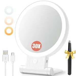 1X/30X Magnifying Mirror with Light, Double Sided Makeup Mirror with Adjustable 3 Color Light, 2000mAh Rechargeable Lighted Magnifying Mirrors with Tweezer, Foldable Travel Mirror with Rotation 1X/30X Magnifying Mirror with Light, Double Sided Makeup Mirror with Adjustable 3 Color Light, 2000mAh Rechargeable Lighted Magnifying Mirrors with Tweezer, Foldable Travel Mirror with Rotation