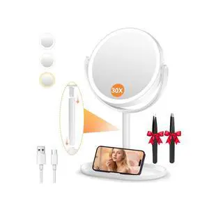 30X/1X Detachable Makeup Mirror with Lights, 3-Color Dimmable Lights 30X/1X Detachable Makeup Mirror with Lights, 3-Color Dimmable Lights