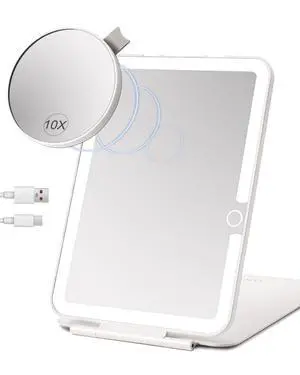 Rechargeable Travel Makeup Mirror with Light,7x5 inches Portable Lighted Vanity Mirror with Small 10X Magnifying, LED 3 Color Dimmable, Tabletop Folding Compact Mirror Rechargeable Travel Makeup Mirror with Light,7x5 inches Portable Lighted Vanity Mirror with Small 10X Magnifying, LED 3 Color Dimmable, Tabletop Folding Compact Mirror