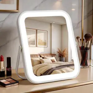 Rechargeable Vanity Mirror with Lights, 10"×8" Makeup Mirror with Lights, 1500mAH Battery, Smart Touch with 3-Color Lighting, Dimmable, HD Desk Mirror, Travel Essentials, Women Gift (White) Rechargeable Vanity Mirror with Lights, 10"×8" Makeup Mirror with Lights, 1500mAH Battery, Smart Touch with 3-Color Lighting, Dimmable, HD Desk Mirror, Travel Essentials, Women Gift (White)