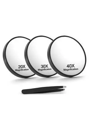 20x30x40x Magnifying Mirror Set, with Suction Cups, 3.5 in, Black 20x30x40x Magnifying Mirror Set, with Suction Cups, 3.5 in, Black