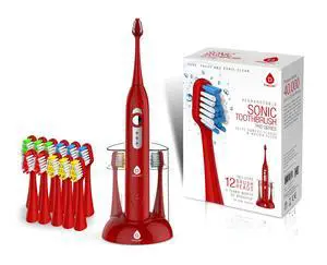 S430 Power Rechargeable Sonic Toothbrush: 40,000 Strokes Per Minute, 12 Brush Head Replacements & Toothbrush Set Included - RED S430 Power Rechargeable Sonic Toothbrush: 40,000 Strokes Per Minute, 12 Brush Head Replacements & Toothbrush Set Included - RED