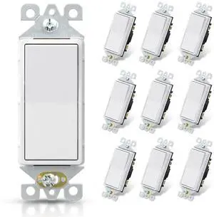 Matte White Single Pole Decorator Light Switch, 15Amp, 120-277V, Decorative Paddle Rocker Switch Replacement, On/Off Wall Switch, Self-Grounding, Residential/Commercial Grade, UL/CUL (10 Pack) Matte White Single Pole Decorator Light Switch, 15Amp, 120-277V, Decorative Paddle Rocker Switch Replacement, On/Off Wall Switch, Self-Grounding, Residential/Commercial Grade, UL/CUL (10 Pack)