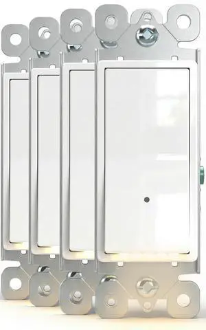 Illuminated-Light-Switch with Night Light, No Neutral Wire, Single-Pole Decorator Rocker Switch, Dusk to Dawn LED Guide Light for Hallway Bathroom Stairs, 15A 120/277V, White, 4 Pack Illuminated-Light-Switch with Night Light, No Neutral Wire, Single-Pole Decorator Rocker Switch, Dusk to Dawn LED Guide Light for Hallway Bathroom Stairs, 15A 120/277V, White, 4 Pack