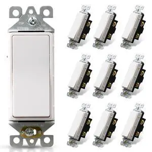 Glossy White Single Pole Decorator Light Switch, 15Amp, 120-277V, Decorative Paddle Rocker Switch Replacement, On/Off Wall Switch, Self-Grounding, Residential/Commercial Grade, 10 Pack, UL/CUL, Glossy White Single Pole Decorator Light Switch, 15Amp, 120-277V, Decorative Paddle Rocker Switch Replacement, On/Off Wall Switch, Self-Grounding, Residential/Commercial Grade, 10 Pack, UL/CUL,