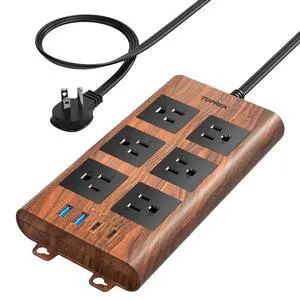 Surge Protector Power Strip (2100J), 6 Widely-Spaced Outlets with 2 USB-C & 2 USB-A, 6.5 FT Extension Cord with Ultra-Thin Flat Plug, Wood Finish Power Strip with USB for Home, Office Surge Protector Power Strip (2100J), 6 Widely-Spaced Outlets with 2 USB-C & 2 USB-A, 6.5 FT Extension Cord with Ultra-Thin Flat Plug, Wood Finish Power Strip with USB for Home, Office