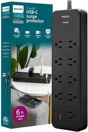 Surge Protector Power Strip with USB Ports, 2400 Joules, Flat Plug | 6 Ft Braided Extension Cord with Multiple Outlets, 9 Outlet Extender (Wide Spaced), 1 USB-A, 1 USB-C, Black, SPP3983B/37 Surge Protector Power Strip with USB Ports, 2400 Joules, Flat Plug | 6 Ft Braided Extension Cord with Multiple Outlets, 9 Outlet Extender (Wide Spaced), 1 USB-A, 1 USB-C, Black, SPP3983B/37