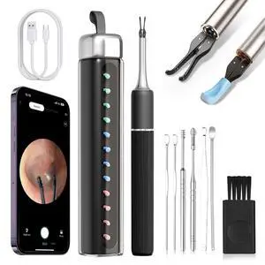 Ear Wax Removal Tool S5 with 10 MP Camera Otoscope, Omnidirectional Tweezer, Crodless Earwax Remover Tool with 12 Ear Spoon, Wireless Ear Cleaner with Light for iOS & Android (Black) Ear Wax Removal Tool S5 with 10 MP Camera Otoscope, Omnidirectional Tweezer, Crodless Earwax Remover Tool with 12 Ear Spoon, Wireless Ear Cleaner with Light for iOS & Android (Black)