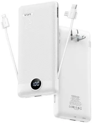 3-in-1 Portable Charger, Built-in Cord & Foldable Wall AC Plug-White 3-in-1 Portable Charger, Built-in Cord & Foldable Wall AC Plug-White