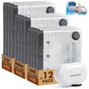 Vacuum Bags for Travel with Rechargeable Pump, 12 Pack Compression Packing Bags with 35KPA Electric Pump, 80% Space Saver for Clothes, Vacuum Seal Bags fo Carry-on Luggage Suitcase Vacuum Bags for Travel with Rechargeable Pump, 12 Pack Compression Packing Bags with 35KPA Electric Pump, 80% Space Saver for Clothes, Vacuum Seal Bags fo Carry-on Luggage Suitcase